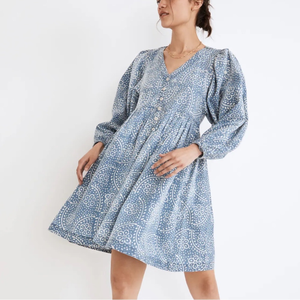 Madewell Bubble-Sleeve Button-Front Mini Dress in Indigo Paisley